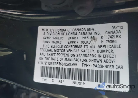 2012 Honda Civic Lx from USA, damaged, VIN 2HGFB2F56CH581895